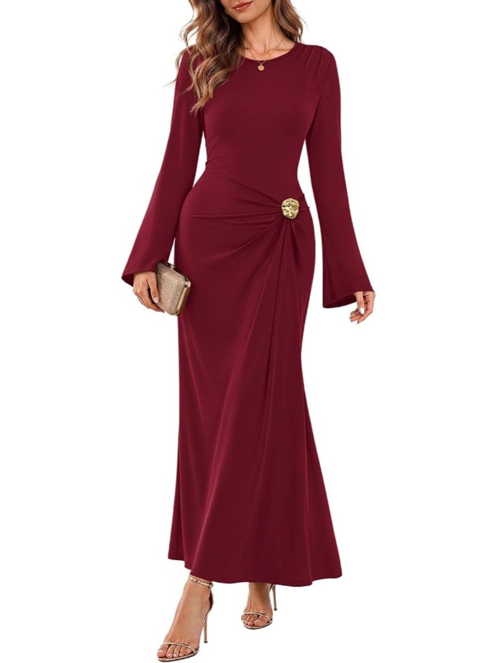 Women's Red Fashion Bodycon Long Sleeve Cocktail Outfits Guest Maxi Dresses